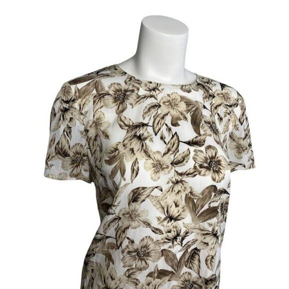 J JILL Brown Taupe Cream Floral Short Sleeve Crew Neck Top Sz Medium - Picture 2 of 7